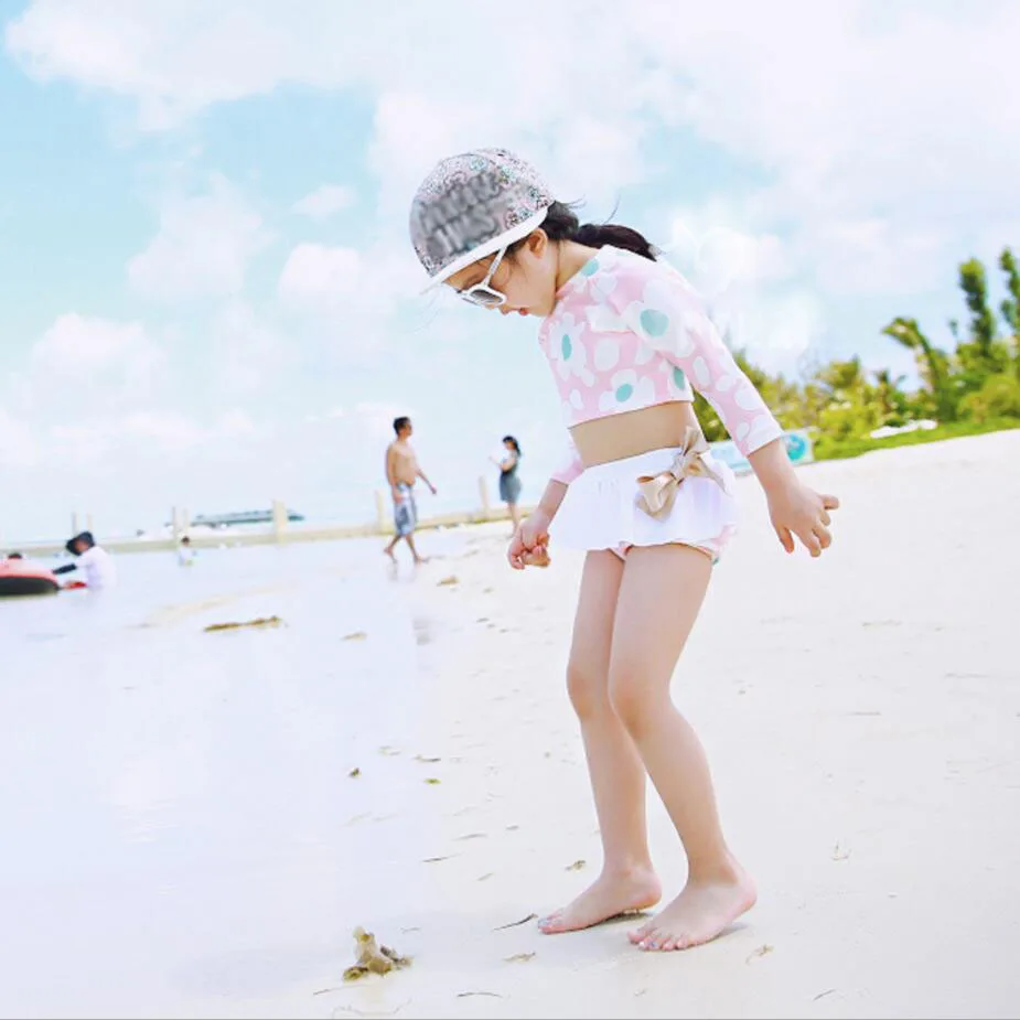 Розовый купальник для девочек детский цветочный купальный костюм Лето для пляжа для купания костюм из двух предметов детский купальник с длинными рукавами для девочек 341