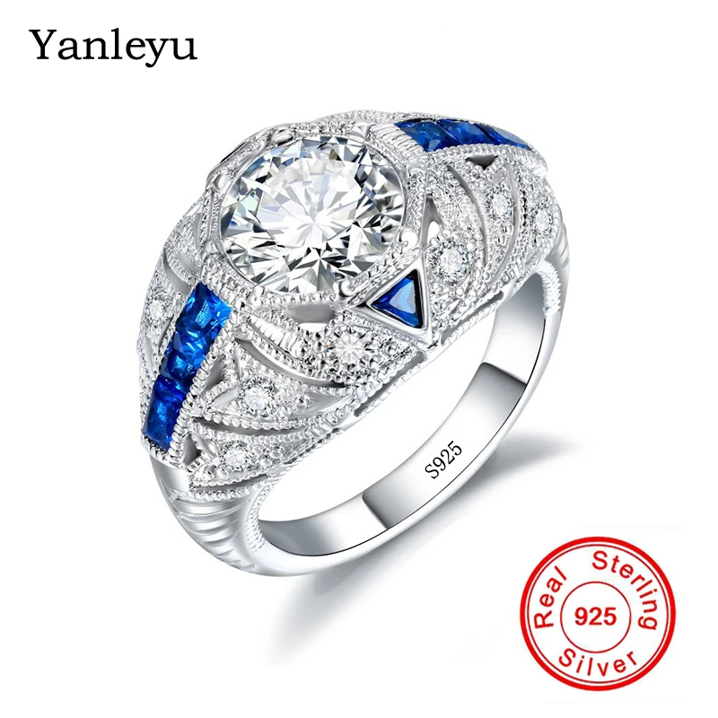 

Yanleyu Authentic Solid 925 Sterling Silver Ring AAA Cubic Zircon Blue Gem Stone Wedding Rings for Women Vintage Jewelry PR099