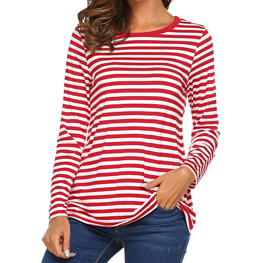 2019 Casual Women Red White Striped Long Sleeve T Shirt Cotton Loose ...