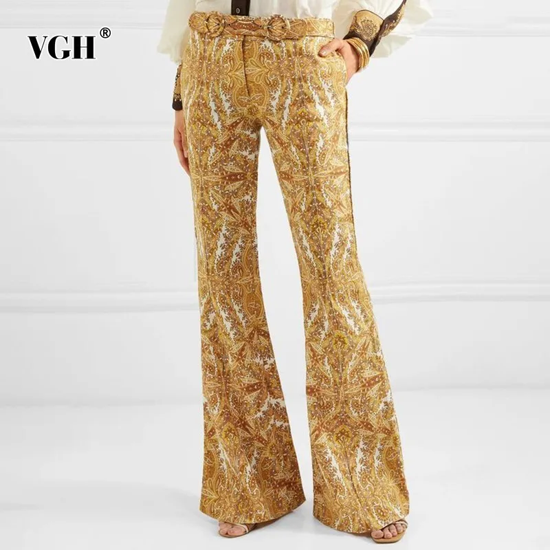 

VGH Summer Vintage Print Flare Pants Pants For Women Zipper High Waist Sashes Slim 2019 Full Length Pant Female Fashion New
