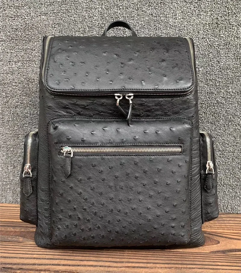 

Authentic Real Ostrich Skin Zipper Closure Businessmen's Large Working Backpack Genuine Leather Male Top-handle Travel Bag Pack
