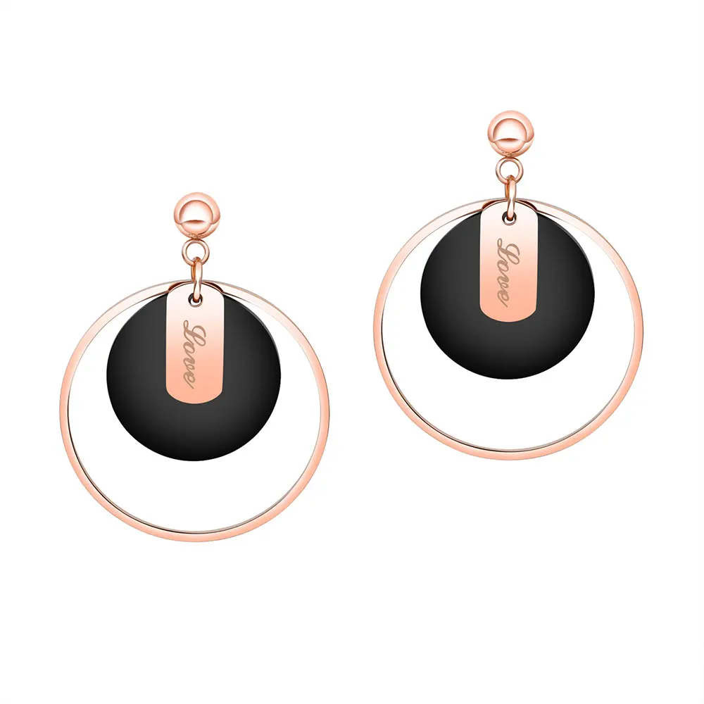 

JeeMango Black Acrylic Double Circle Earrings For Women Titanium Steel Rose Gold Female Stud Earrings Jewelry Brincos OGE454