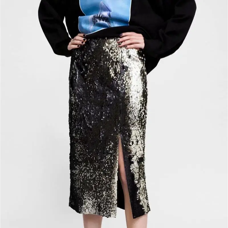 

2019 Spring New European And American Style Chic Sequins Beaded Skirt Women Elegant Front Slit Pencil Skirt Free Shipping