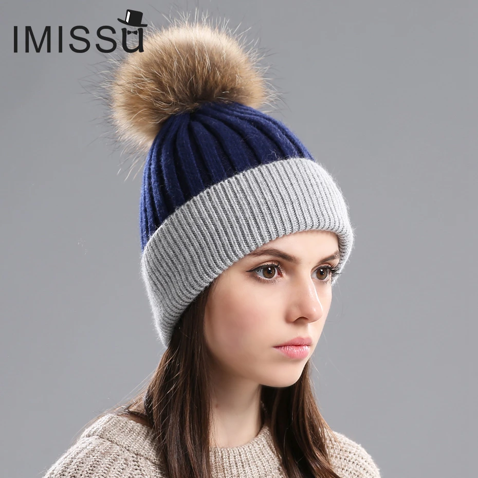 Женская зимняя шапка с помпоном из натурального меха енота|pom pom hat|pom hatswinter hats for