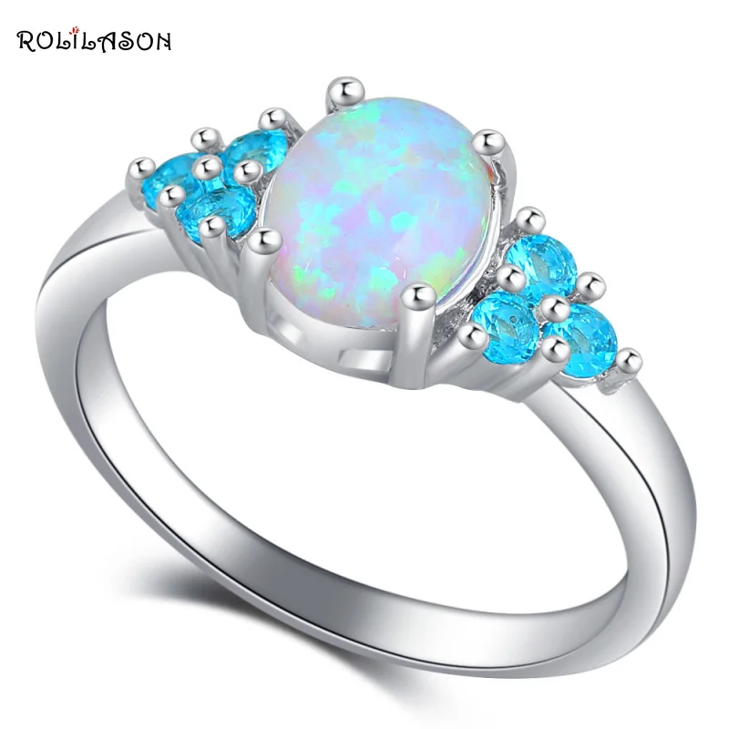 

ROLILASON OR892 Luxury Style white Fire Opal 925 Silver blue Zircon Fashion Jewelry Ring for women USA Sz #6#7#8#9#10