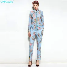 QYFCIOUFU High Quality Fashion Two Piece Set Women Long Sleeves Tops Chiffon Blouse + Runway Printed Casual Pencil Long Pants