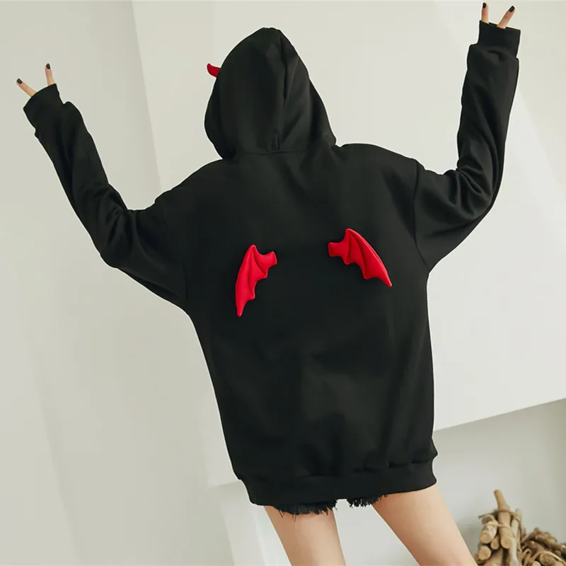 

Hoodies Sweatshirt Women Punk Gothic Girls Devil Wing Patchwork Loose Pullover Top Autumn Streetwear Warm Harajuku Sweatshirt