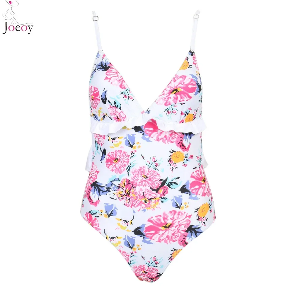 Women White V Neck Cross Backless Floral Print Ruffle Trim One Piece Swimsuit 2016 New Summer