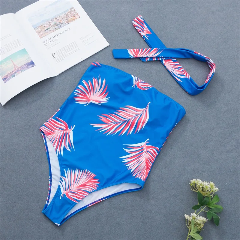 

2019 Blue Bandeau One Piece Swimsuit Push Up Bandage Swimwear Women String Bathing Suit Print Leaf Biquin Mujer Swimming Suits