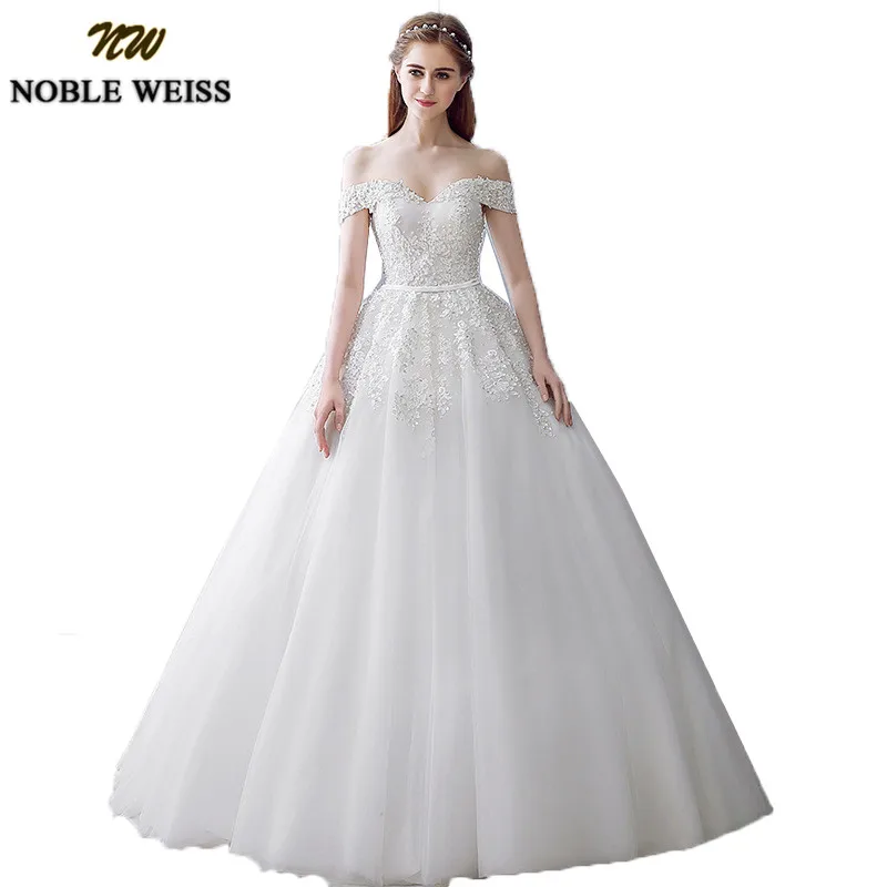 

NOBLE WEISS Ball Gown Wedding Dresses 2019 Elegant Off the Shoulder Vestido De Noiva Plus Size Applique Lace Pearls Bridal Gowns