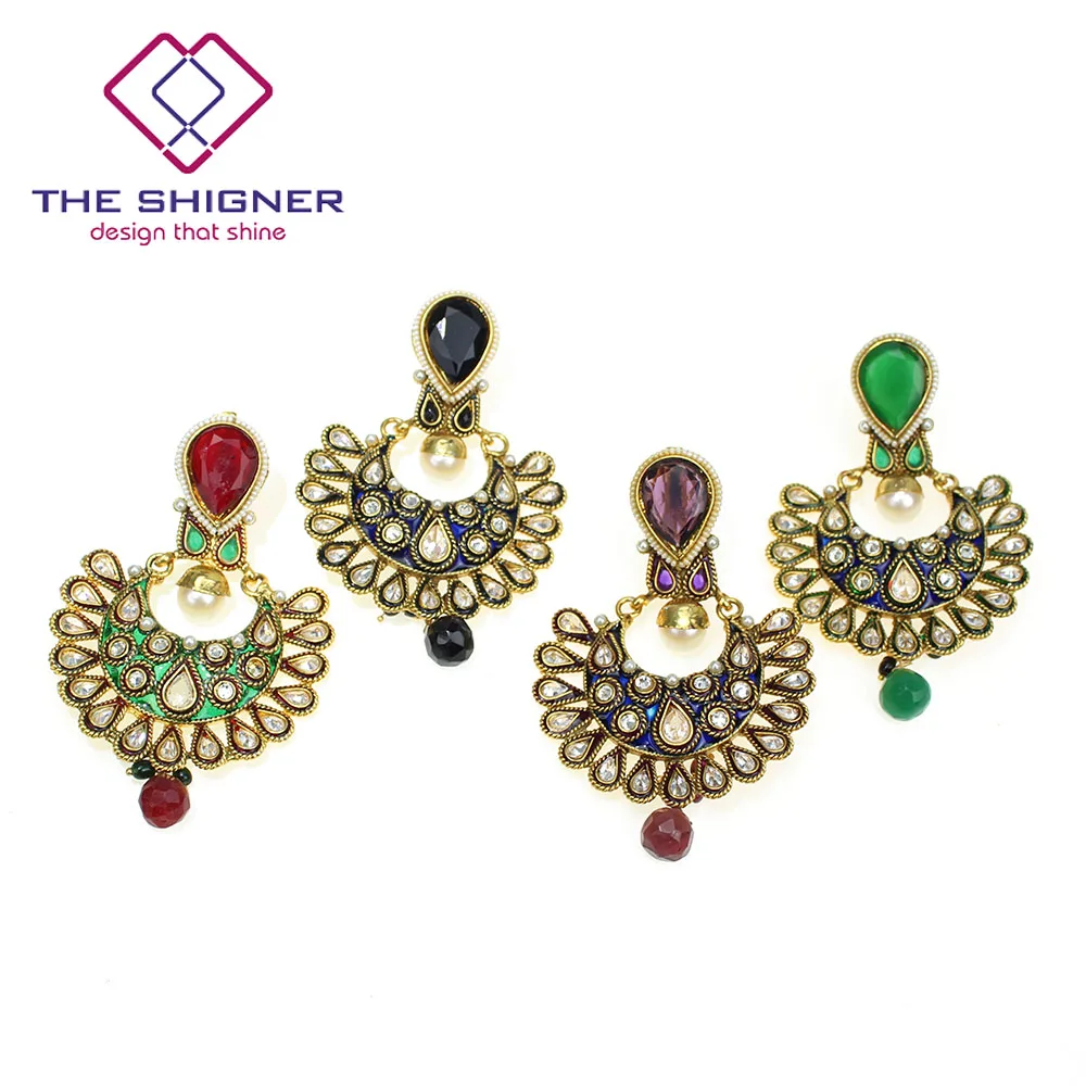 

THE SHIGNER Indian Ethnic Bridal Designer Dangle Earrings Antique Gold Color Meenakari Kundan Chandbalis Earrings Women Jewelry