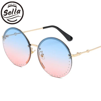 

Sella New Arrival Fashion Women Oversized Round Sunglasses Luxury Crystal Decoration Candy Gradient Lens Alloy Frame Sun Glasses