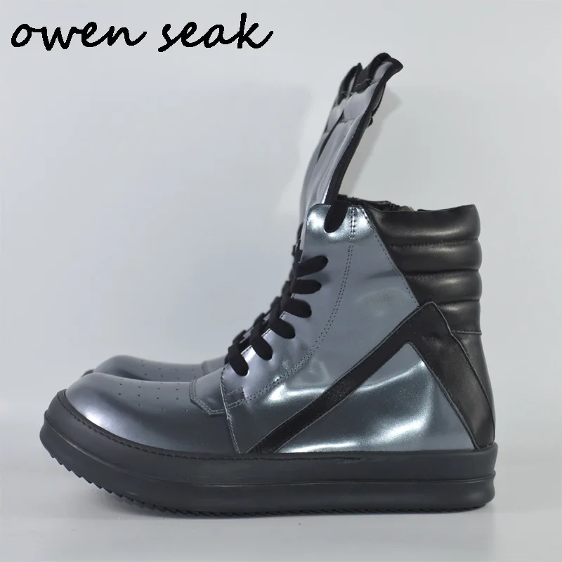 - Owen Seak Men Shoes HighTOP Ankle Boots Genuine Leather Sneaker Luxury Trainers Boots Casual Laceup Zip Flat Silver Big Shoes