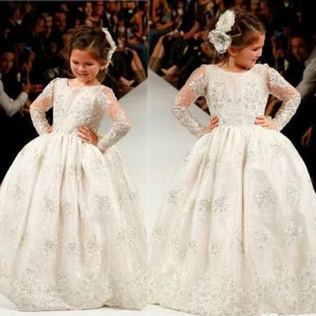 Cheap Custom Make Little Girls Party Dresses Crew Neckline Lace Ball Gown Floor length Sheer Ivory Little Flower Girls Dresses 2016