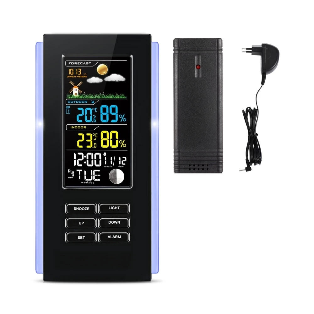 

Wireless Color Weather Station EU/US Plug Weather Forecaster In/Outdoor Temperature Humidity Alarm Snooze Function