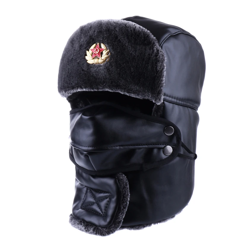 

Russian Ushanka PU Leather Bomber Trapper Hat Soviet Badge Army Aviator Trooper Winter Neck Cover Earflap Snow Ski Cap with Mask