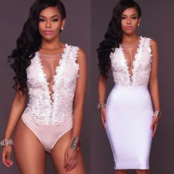 

Women Lace Sleeveless Sexy Deep V Neck Bodysuits Floral Applique Skinny Jumpsuit Bodycon Clubwear Mesh Sheer Slim Top 3 Colors