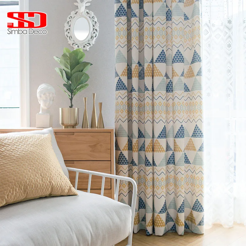 

2018 New Colorful Geometry Printing Curtains For Living Room Linen Cotton Embroidered Tulle Fabric Curtain Window Treatment