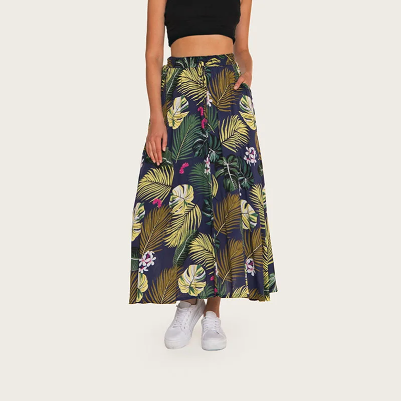 

2019 Summer New Half-length Skirt Bohemian Printed Elastic Waist Swing Skirt Beach Casual A-Line Natural