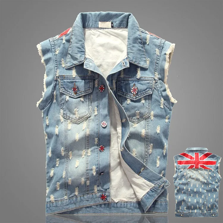 2015 spring and autumn new men's Denim Vest hole slim sleeveless top Korean retro Mens | Мужская одежда
