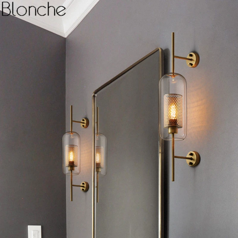 Kaufen Moderne Klar Glas Schatten Scones Wand Lampen für Schlafzimmer Bedsides Studie Hängen Lichter Loft Retro Eisen Spiegel Licht Net Leuchten
