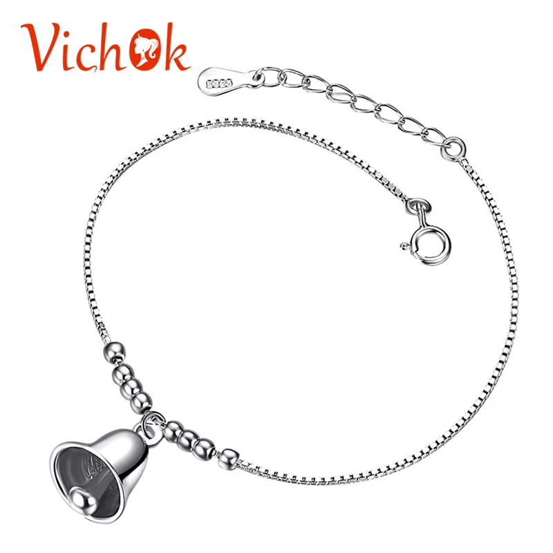 

VICHOK 925 sterling silver bracelet with bells Hang Drop Balls Beads Charm Chain Link Bangles Bracelets For Women Girl pulseira