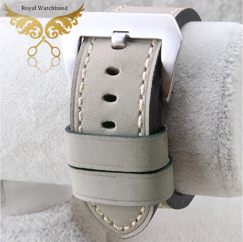 Handmade New 24mm Grey Genuine Leather Strap Watch Band Silver Brushed Buckle Clasps For P A