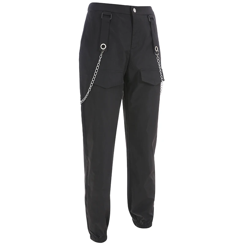 Черные однотонные брюки в стиле панк, готика, уличная одежда, с металлическими цепочками, на лямках, с карманами, эластичные штаны-шаровары с высокой талией, Осень-зима
