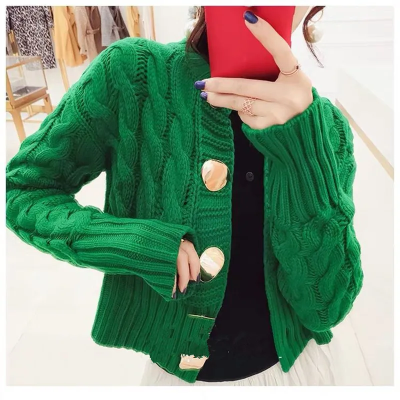 Autumn Winter New O Neck Short Cardigan Rough knit Twist Casual Sweater Women Metal button Temperament Knitted Outwear