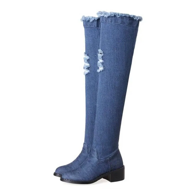 Fashion Women Knee-high Long Boots Slim Showing Med Heel Spring Autumn Shoes Slip-on Leisure Casual Boots Plus Size 33-43 Blue (12)