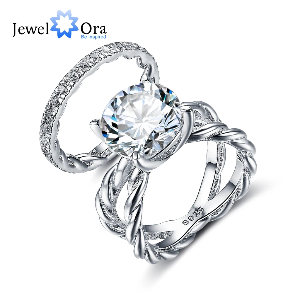 

Luxury Wedding Accessorise 12mm 6.5 CT Hearts And Arrows Round Cubic Zirconia 925 Sterling Silver Ring Sets (JewelOra RI102340)