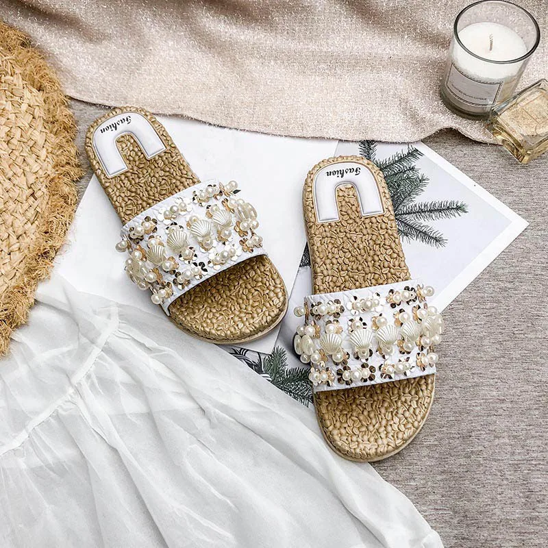 

Summer Women Cryatal Flat Slippers Slides Female Flower Slippers Platform Sandals Ladies Casual Flip Flops Flat Beach Shoes