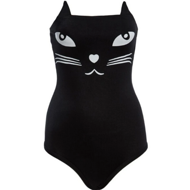 

Women Strapless Cartoon Cat Triangle Round Neck One-piece Swimsuit Swimwear