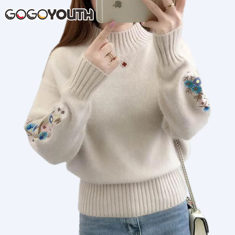 Surmiitro Cashmere Women Turtleneck 2019 Autumn Winter Knitted Embroidery Jumper Women Sweaters And Pullovers Female Pull Femme