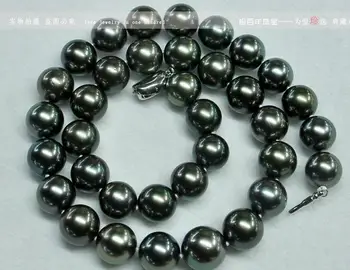 

stunning 11-12mm round Tahitian black green pearl necklace 18inch 925s