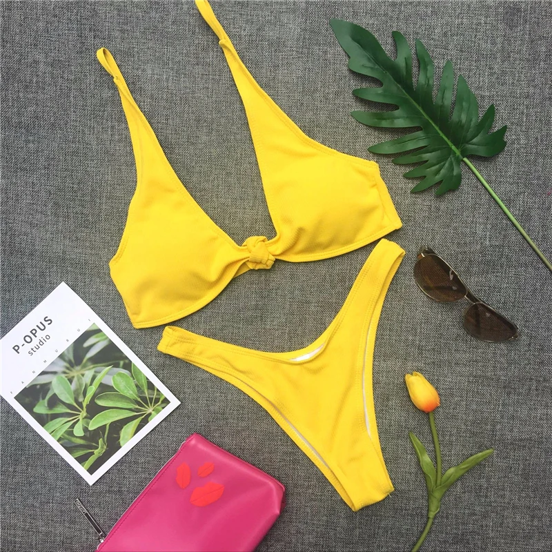 Bikini 2019 Tie Knot Front Woman Swimsuit Push Up Swimwear High Waist Bath Suits Women Plavky High Biquine Sexy Swimswear Bikiny