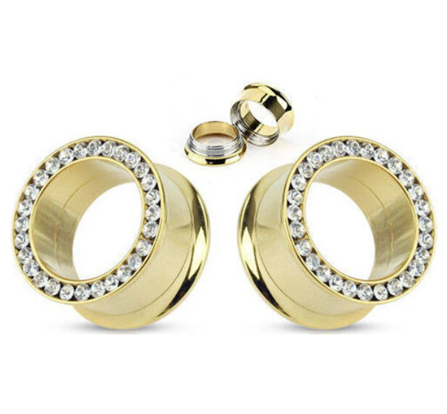 1 pair Gold Internally Threaded Gem Rim Double Flare Tunnels Plugs