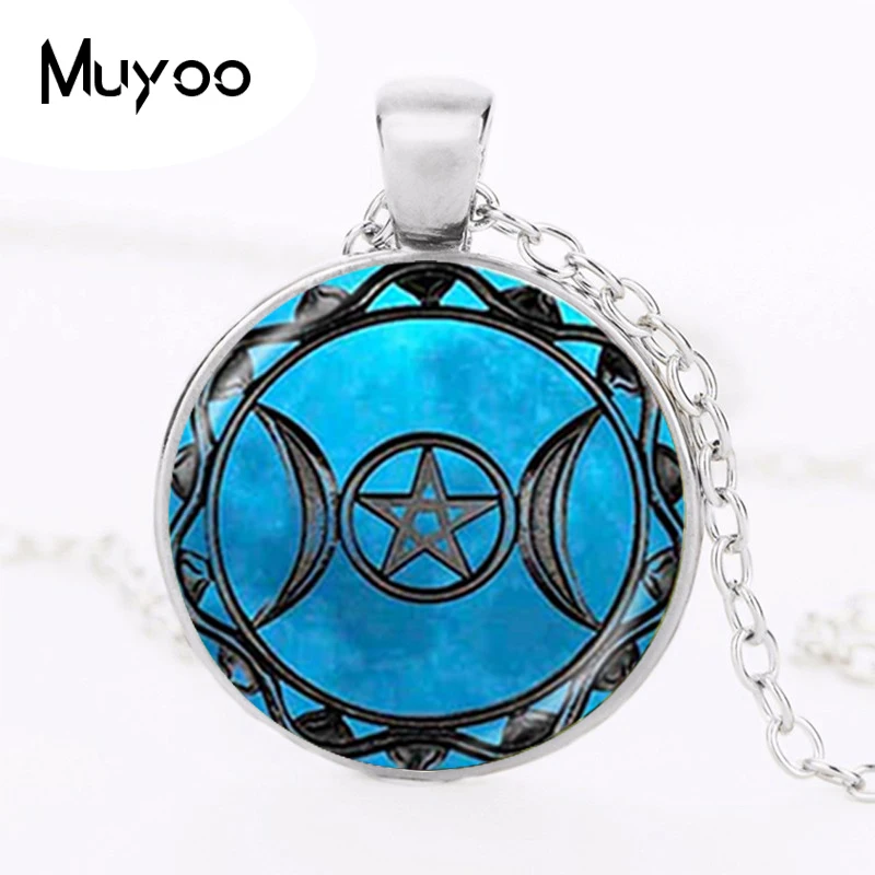 

Triple Moon Goddess Pendant Pentagram Necklace Witch Jewelry Glass Dome Wiccan Necklace Silver Chain Charm Wicca Jewellery HZ1