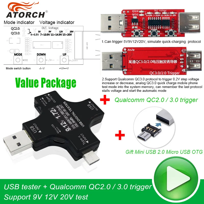 ATORCH type C pd USB Тестер DC Цифровой вольтметр Qualcomm qc3.0 усилитель напряжения измеритель