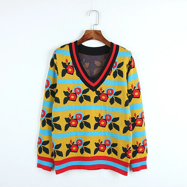 

Winter Runway Knitted Sweaters 2018 Vintage Wide Yellow Stripes V-neck Flora Pattern Jersey Jumper Pullover sueter mujer