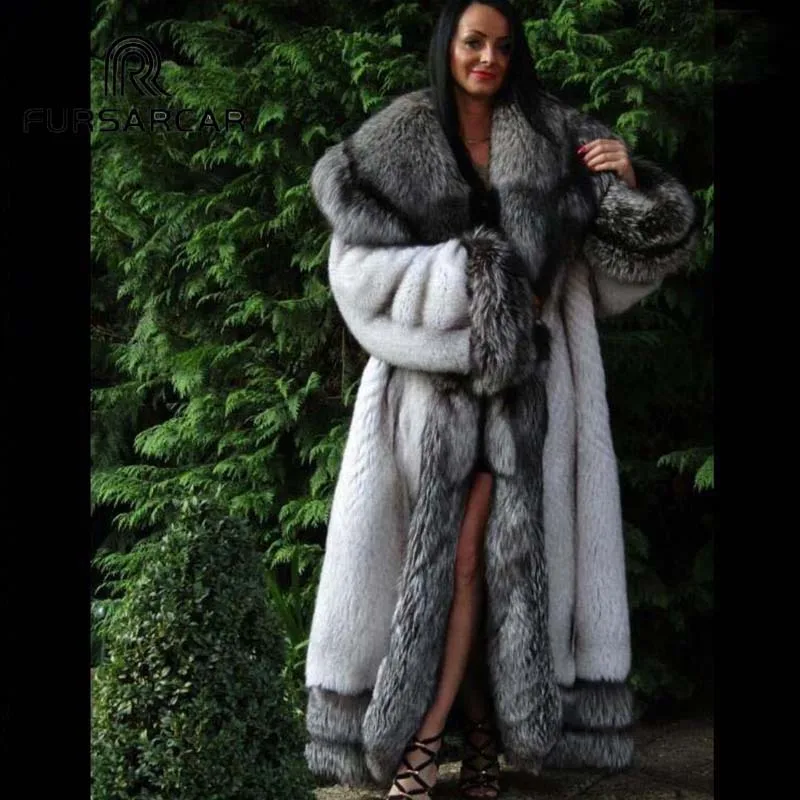 FURSARCAR 2018 New Real Fur Coats Women 120 CM Long Winter Fox Fur Jacket Luxury Fox Fur Coat With Big Silver Fox Fur Collar FURSARCAR 2018 New Real Fur Coats Women 120 CM Long Winter Fox Fur Jacket Luxury Fox Fur Coat With Big Silver Fox Fur Collar