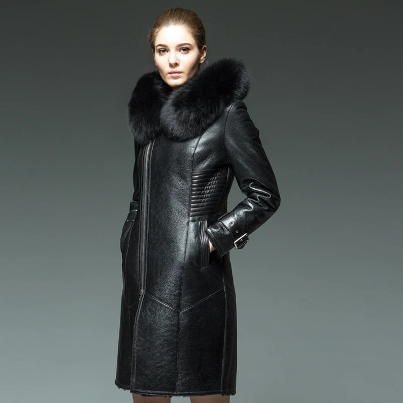 Зимнее пальто из натуральной овчины, женская черная шуба из натурального меха лисы, российские замшевые шубы размера плюс 4XL WHF87