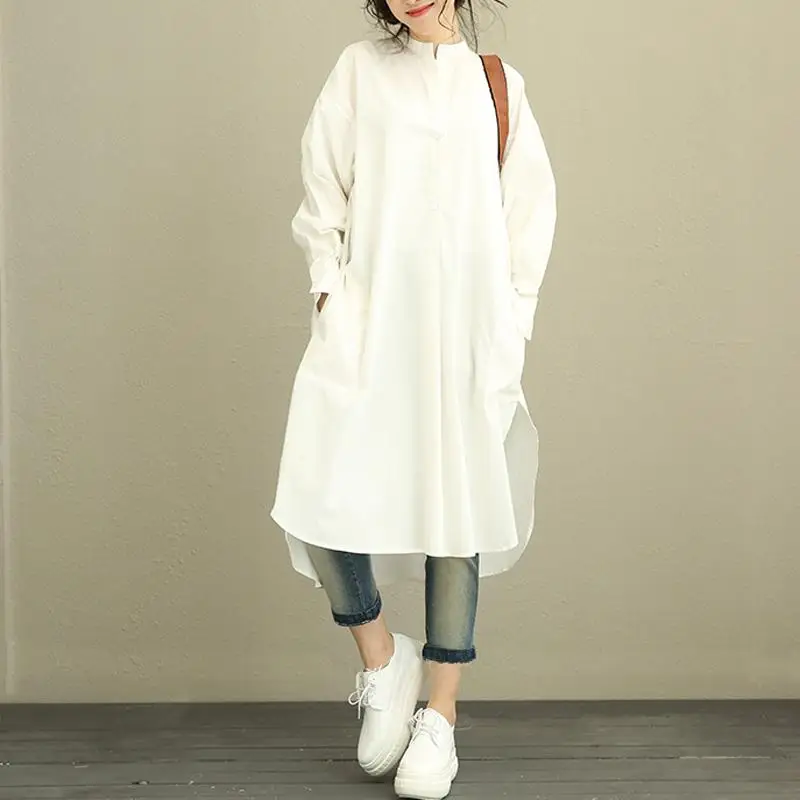 Модное женское платье-рубашка с длинным рукавом и стоячим воротником, винтажные платья, свободное Повседневное платье-Кафтан для отдыха, Vestidos, осень - Цвет: Off White