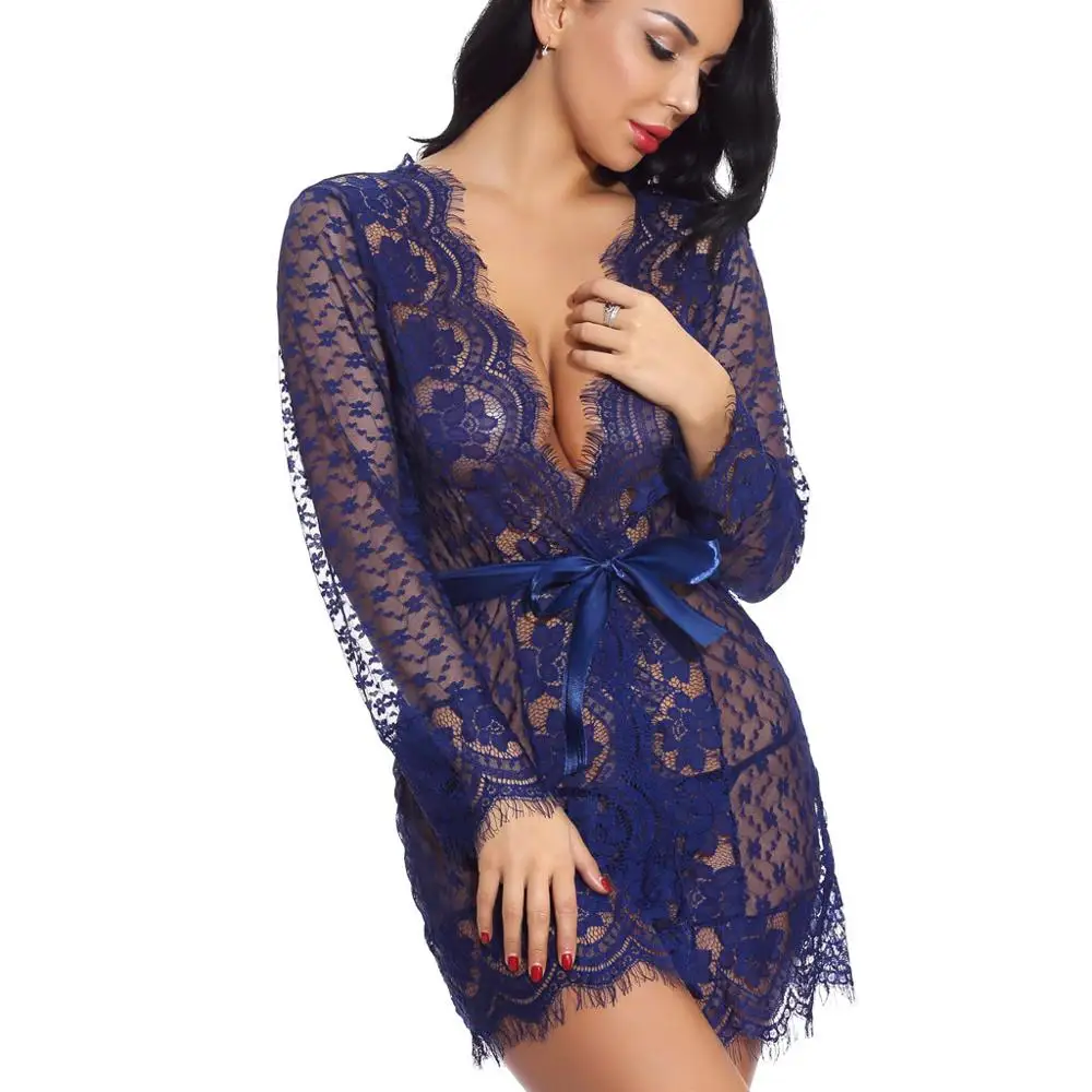 

Women Fashion Robe With Belt Lace Sexy Lingerie Striped Sleepwear