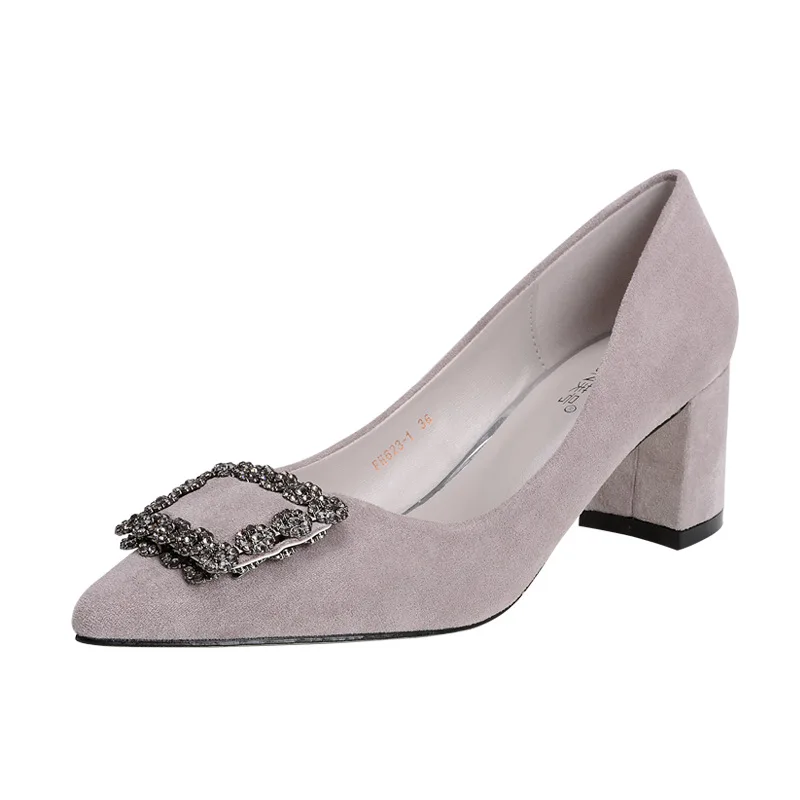 

women pumps Flock Thick with Pointed Suede Wild Party deduction black High heels Shallow mouth women shoes