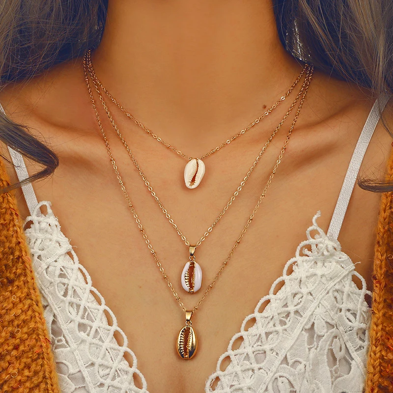 

Bohemian Multi Layer Natural Shell Necklaces For Women Girl Gold Chain Long Cowry Seashell Necklace Pendant Party Jewelry