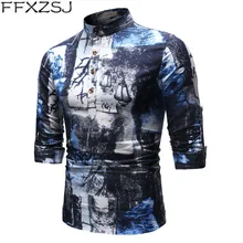 men's youth spring and autumn printed long-sleeved daily breathable linen shirt with stand-up collar floral shirt European size 2019men slim plain long sleeved fashionable stand up collar shirt and shirt