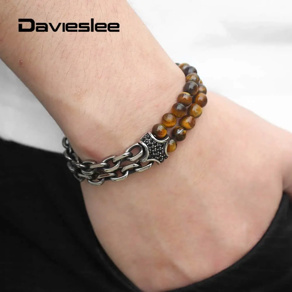 

Davieslee Fashion Beaded Bracelet for Mens Natural Tiger Eye Gem Stone Double Link Chain Stainless Steel Mens Bracelets LDB199