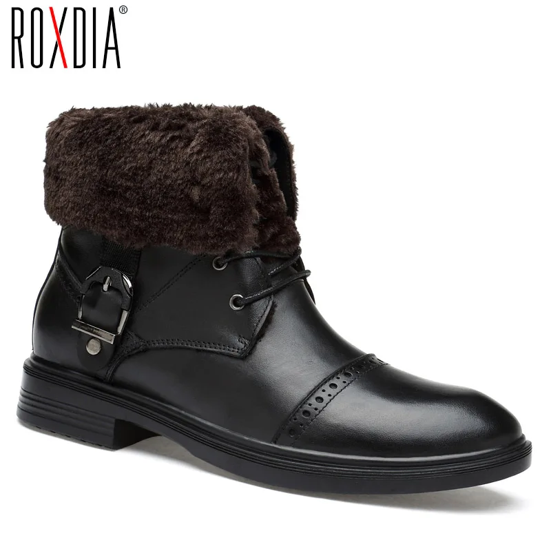 

ROXDIA men snow boots genuine leather warm waterproof winter ankle boot man work shoes black plus size 39-48 RXM077