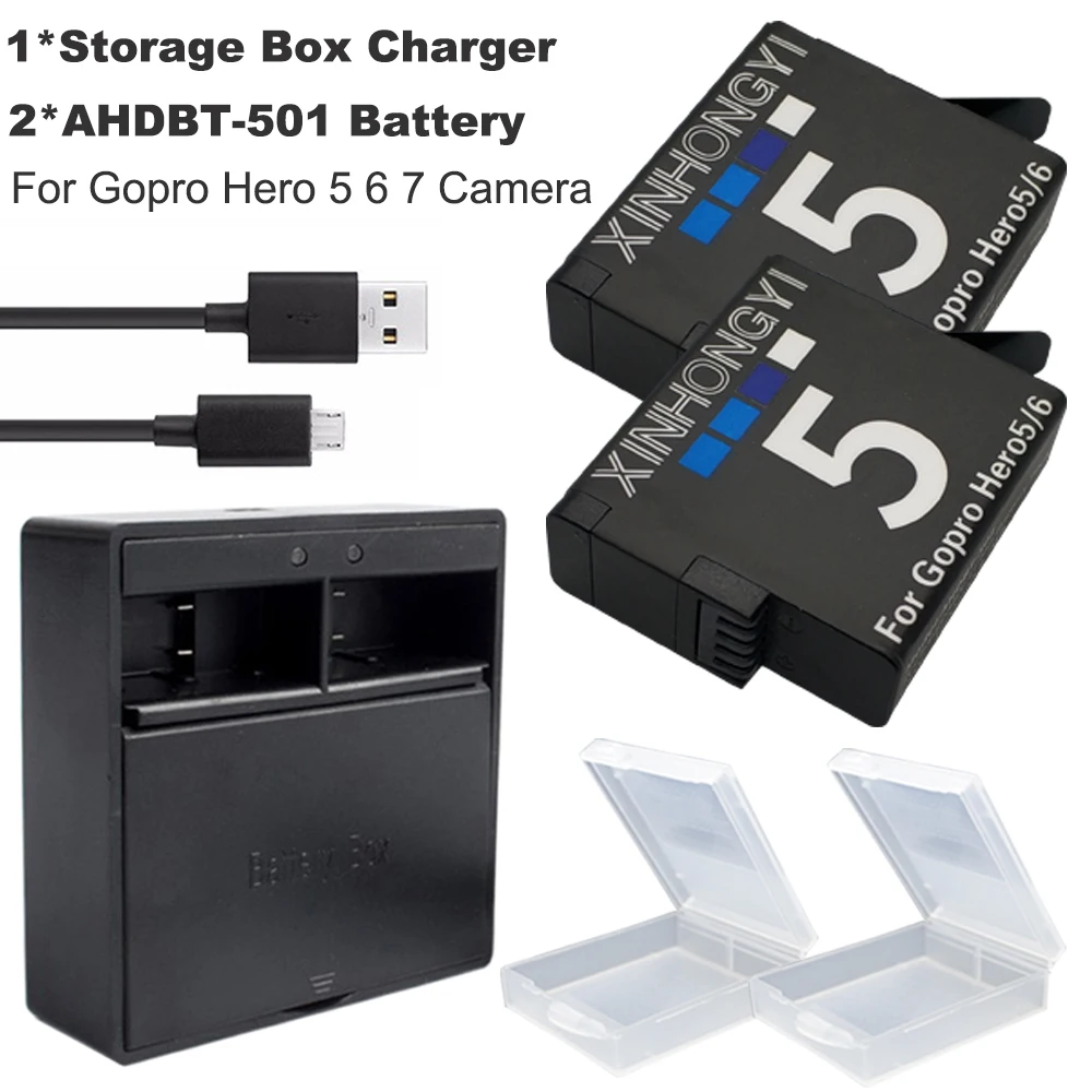 

2x Hero7 Hero 5 Hero 6 battery AHDBT-501 AHDBT501 Bateria + USB Dual battery box Charger for GoPro Hero5 Hero 6 7 Sports camera